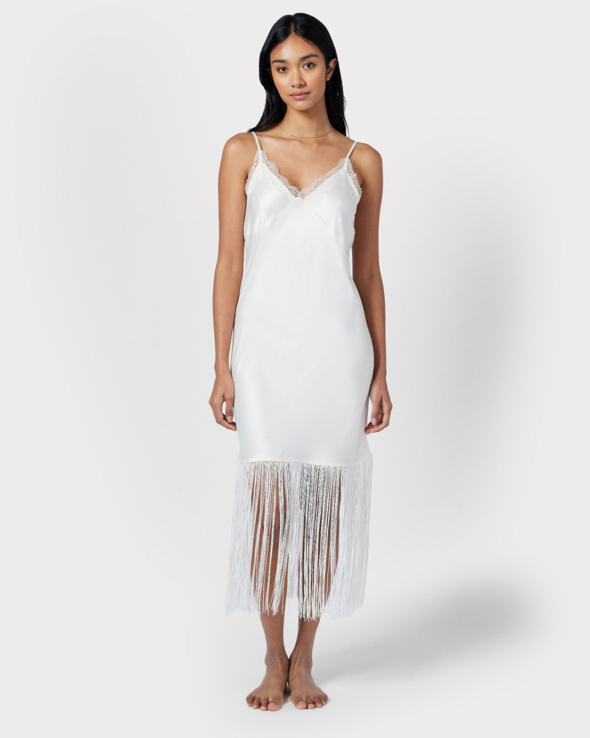 Satin Fringe Trim Slip Nightdress - Ivory