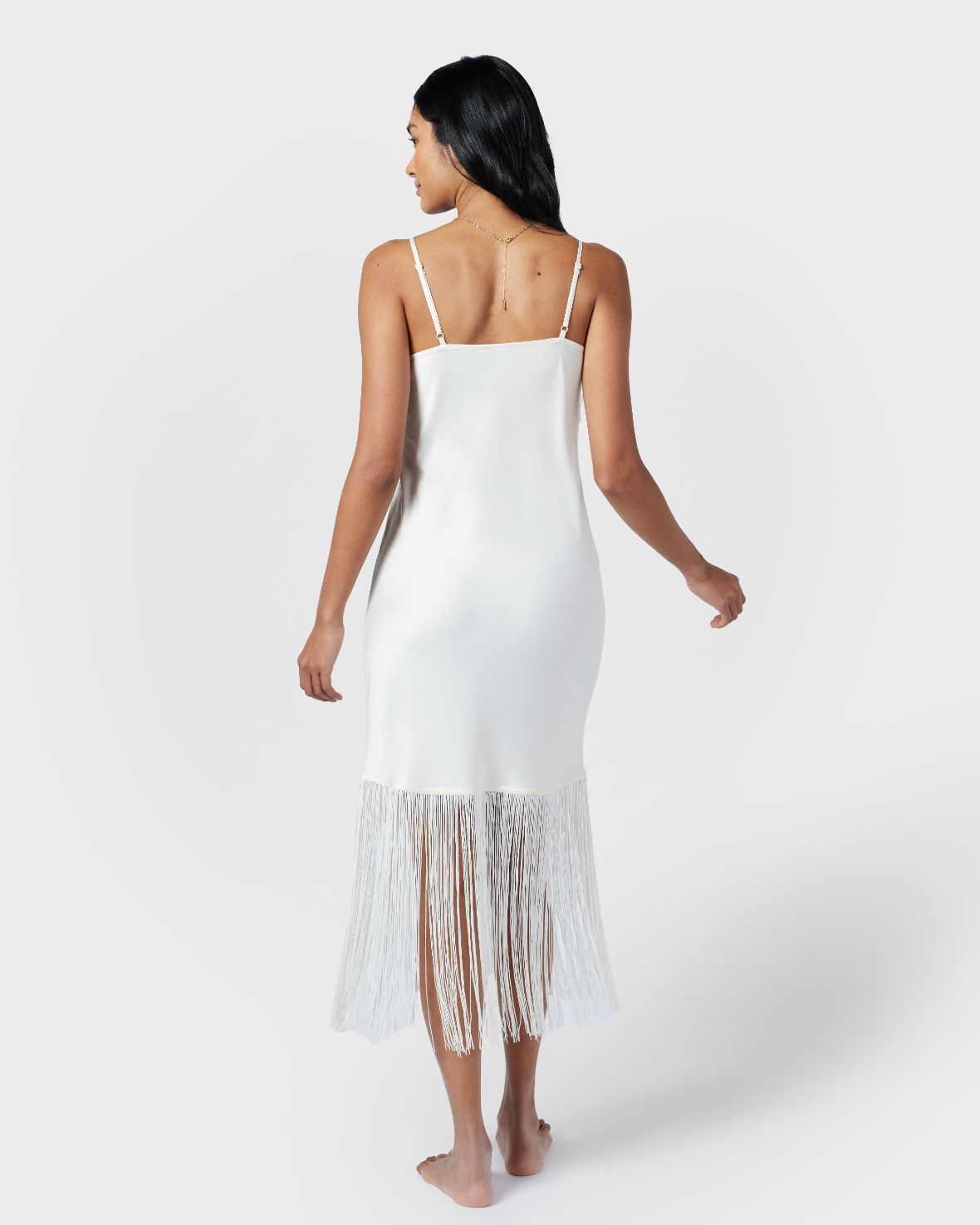 Satin Fringe Trim Slip Nightdress - Ivory