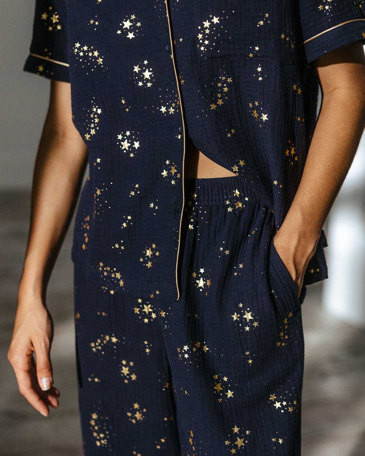 Cotton Cheesecloth Foil Star Print Long Pyjama Set - Navy