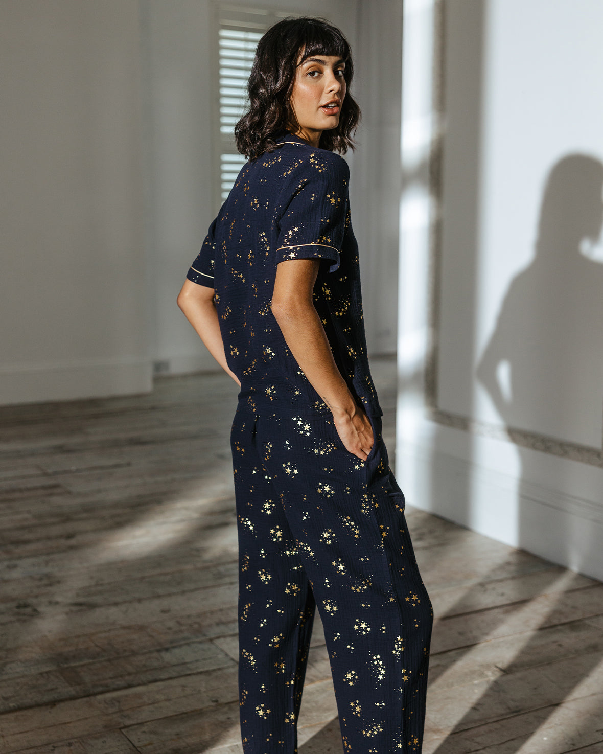 Cotton Cheesecloth Foil Star Print Long Pyjama Set - Navy