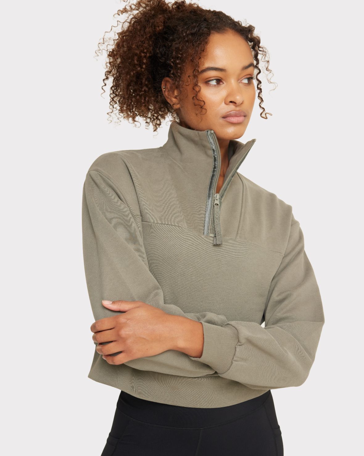 Organic Cotton Quarter-Zip Cropped Sweatshirt - Green