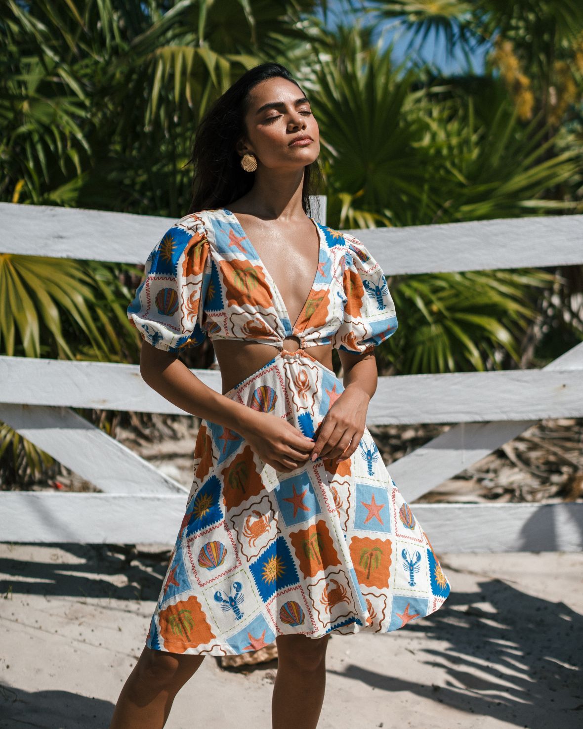 Linen Blend Patchwork Beach Print Puff Sleeve Mini Dress