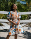 Linen-Blend Patchwork Beach Print Puff Sleeve Mini Dress