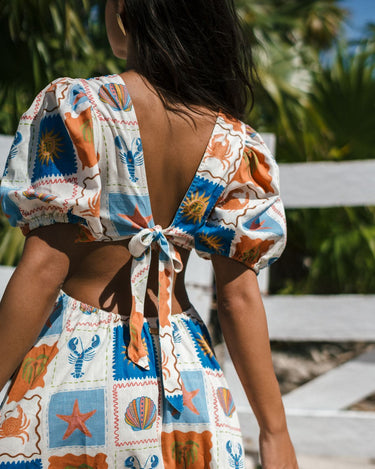 Linen-Blend Patchwork Beach Print Puff Sleeve Mini Dress