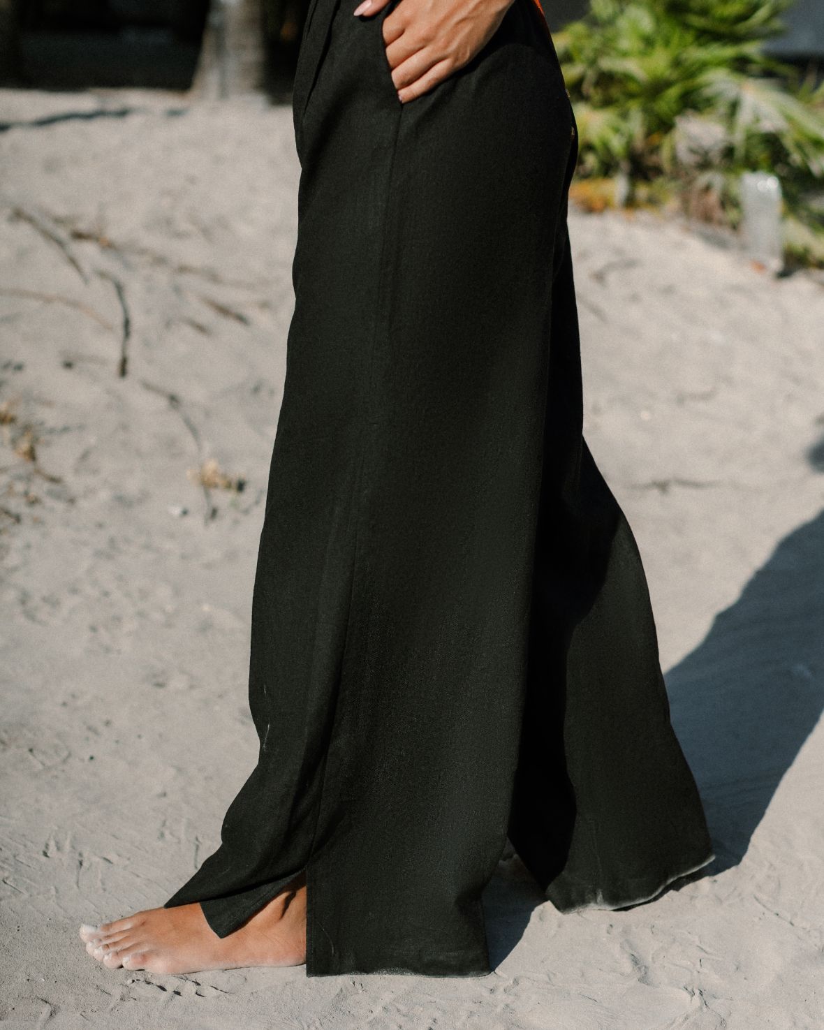 Linen-Blend Wide Leg Trousers - Black