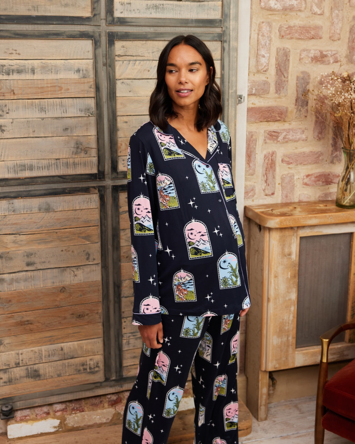 Maternity Dream Traveller Print Button Up Long Pyjama Set