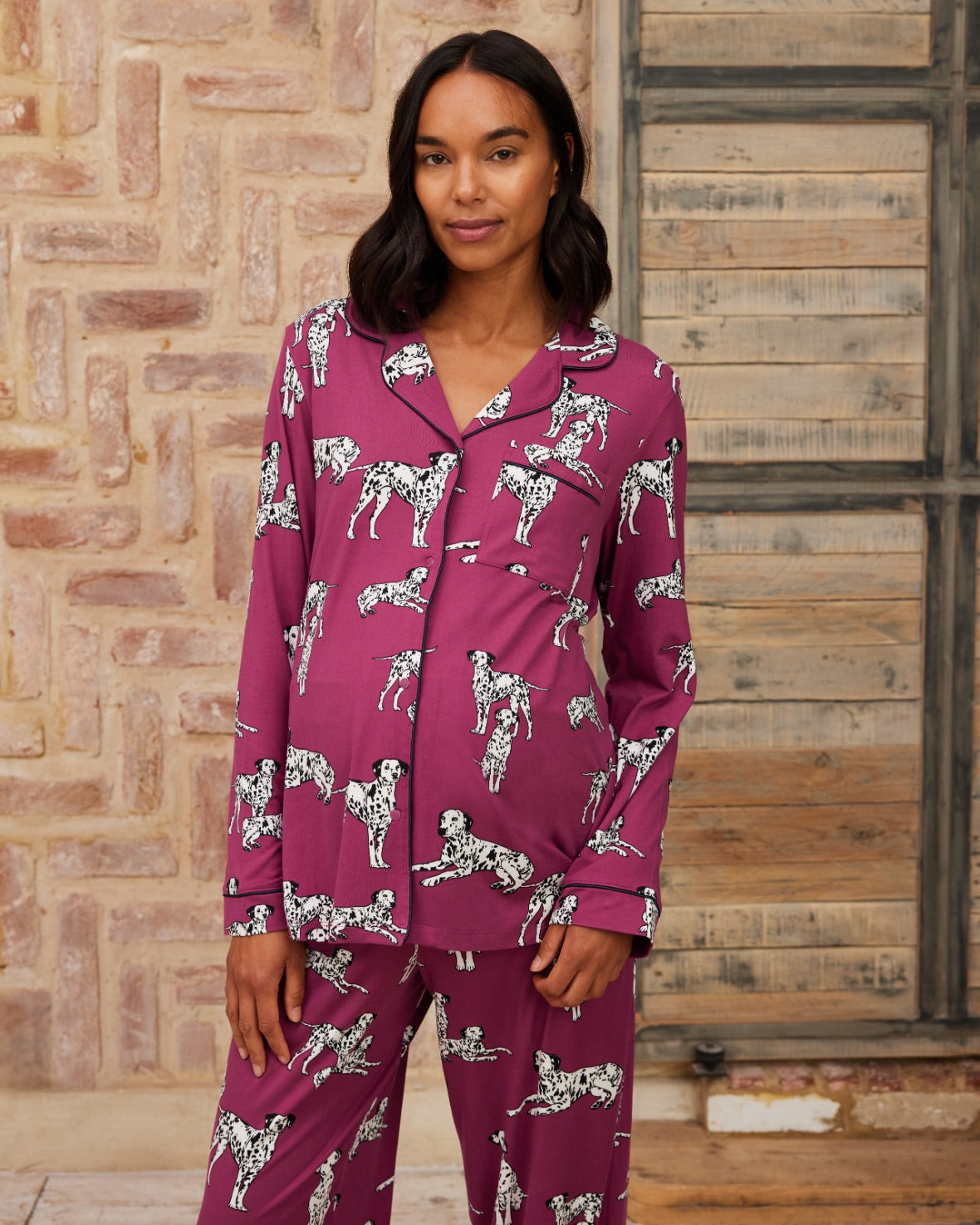 Maternity Dalmatian Dog Print Button Up Long Pyjama Set