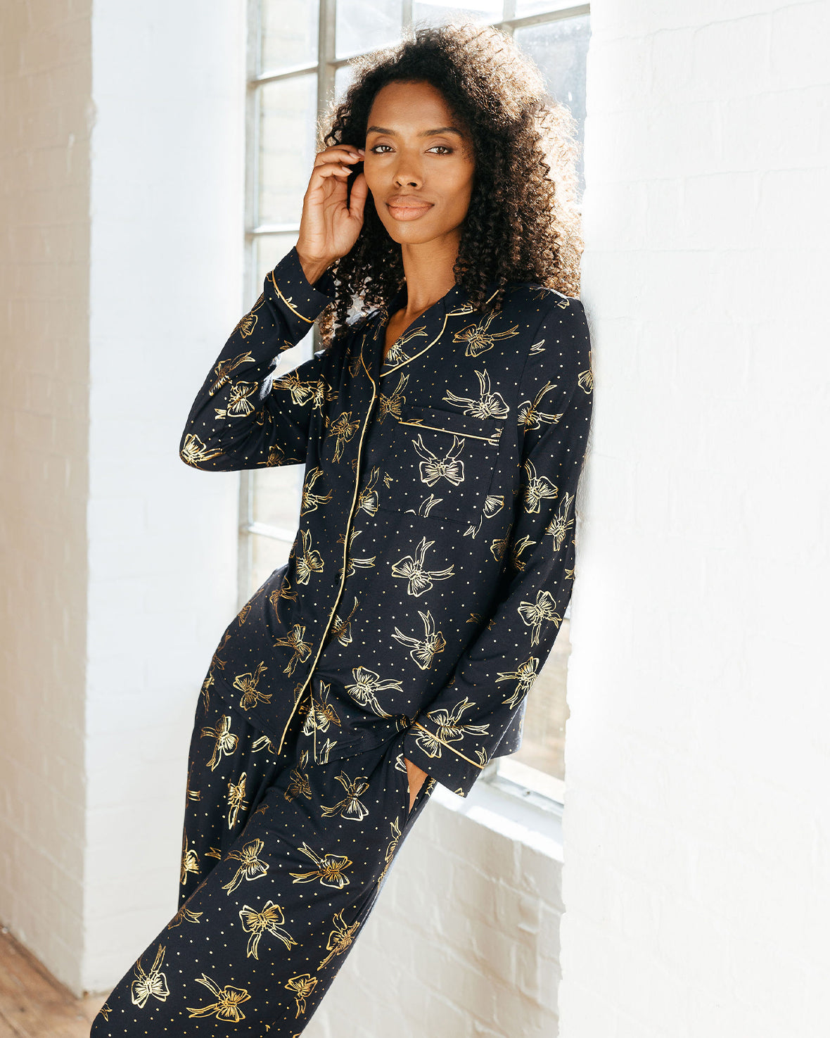 Gold Foil Ribbon Bow Long Pyjama Set