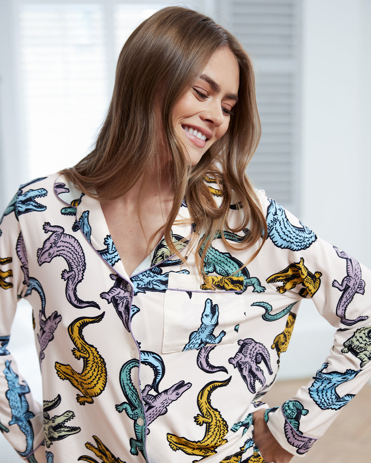 Colourful Crocodiles Print Button Up Long Pyjama Set