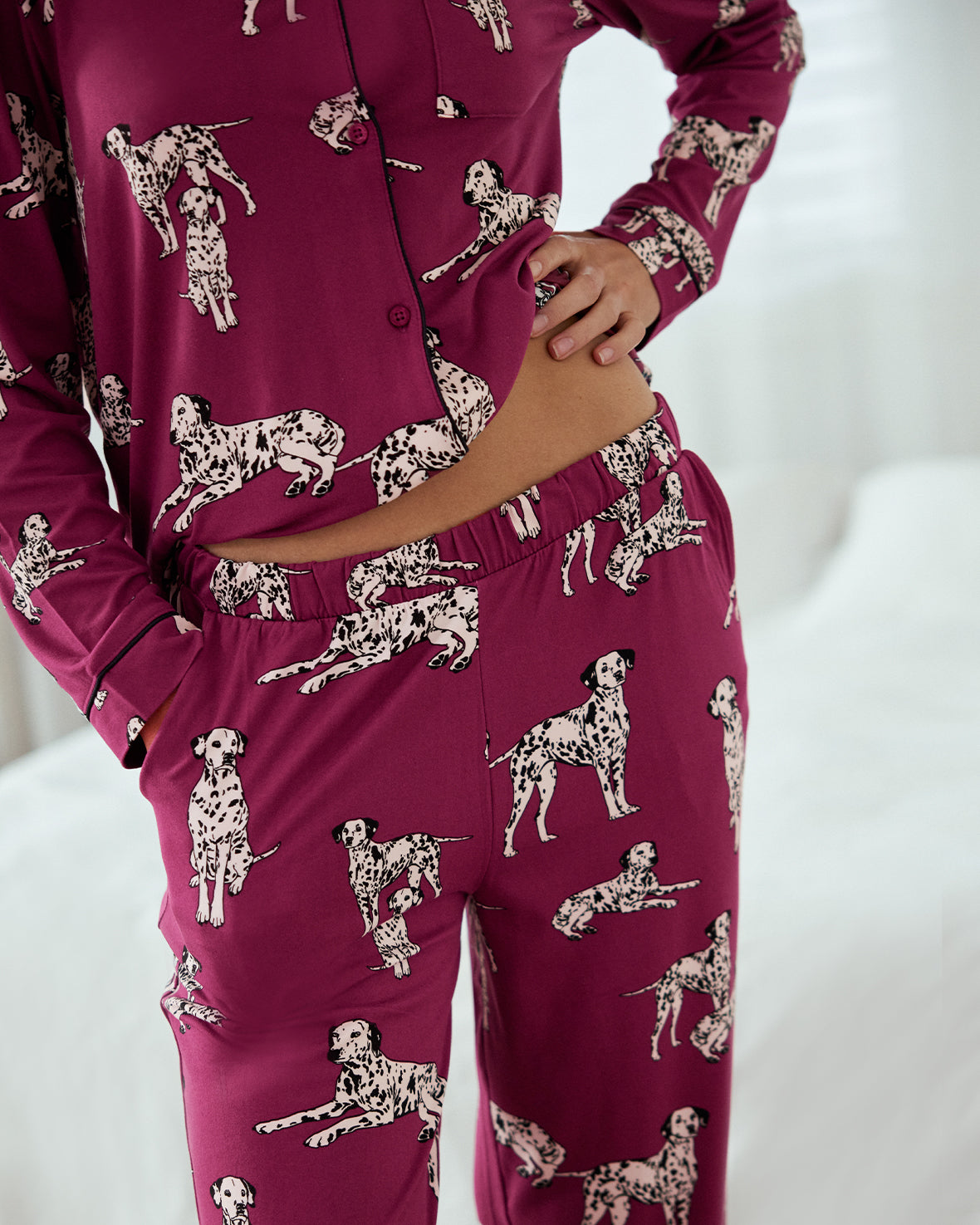 Dalmation Dog Print Button Up Long Pyjama Set