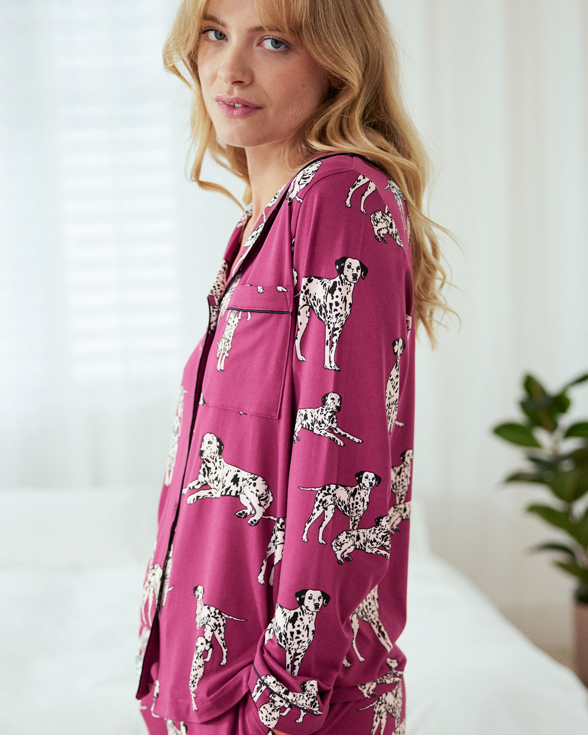 Dalmation Dog Print Button Up Long Pyjama Set