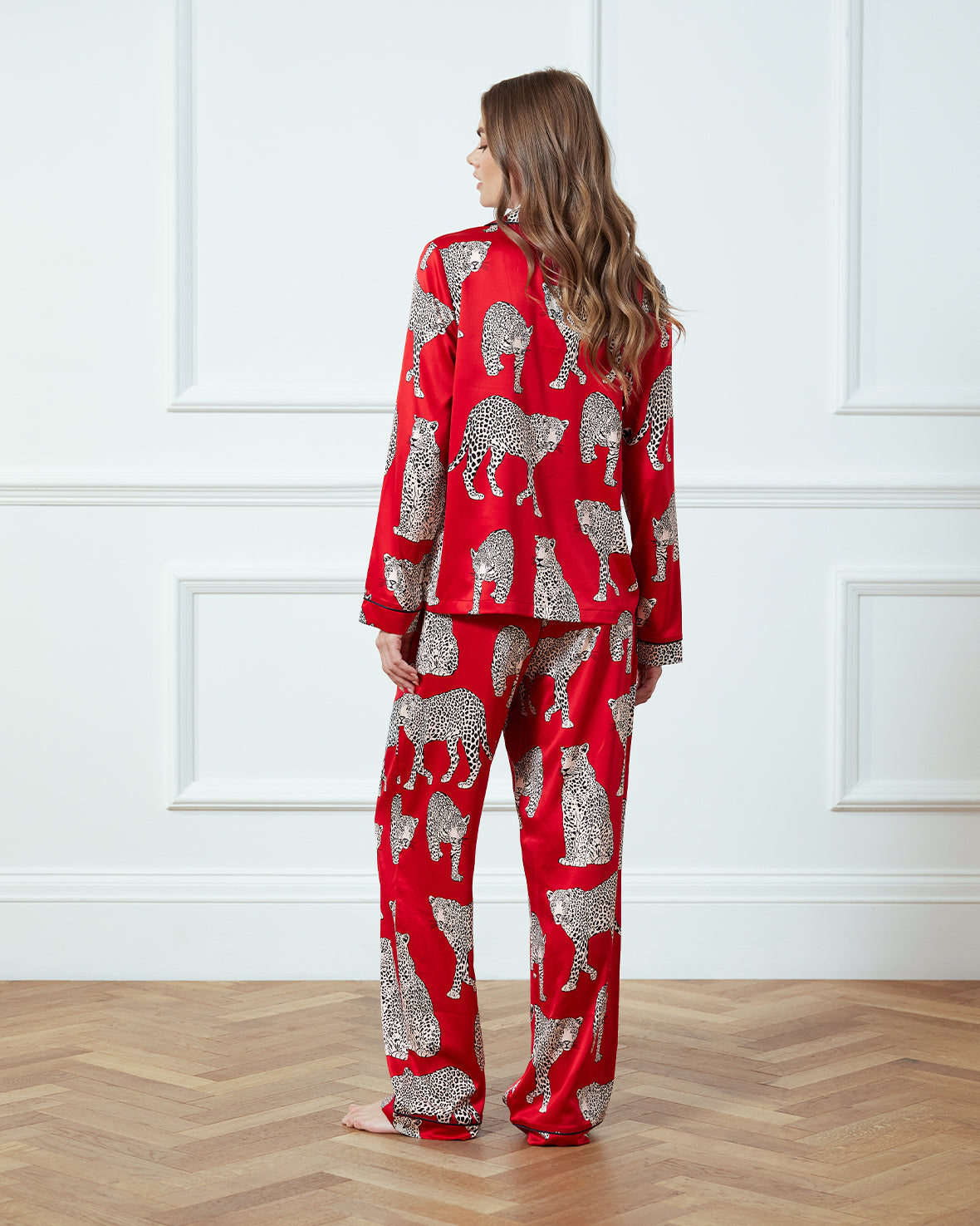 Satin Leopard Print Long Pyjama Set - Red