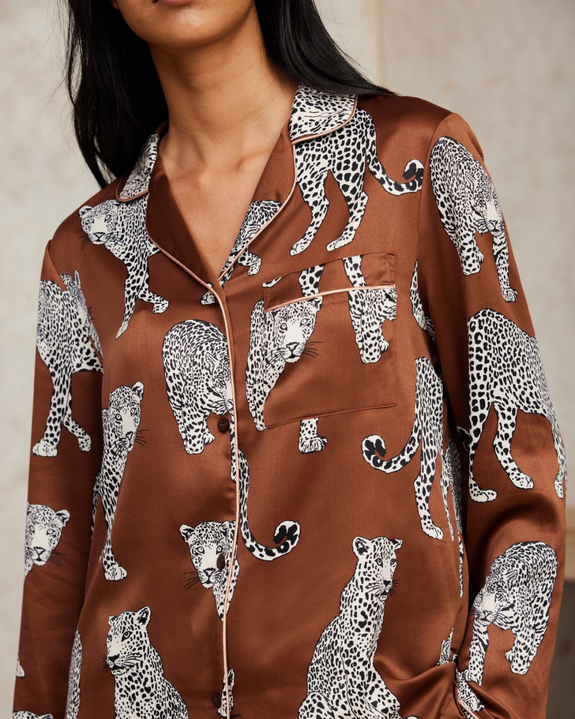 Satin Leopard Print Long Pyjama Set - Brown