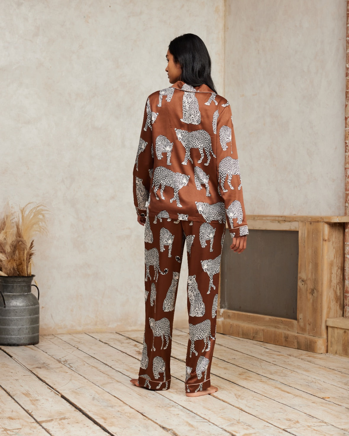 Satin Leopard Print Long Pyjama Set - Brown