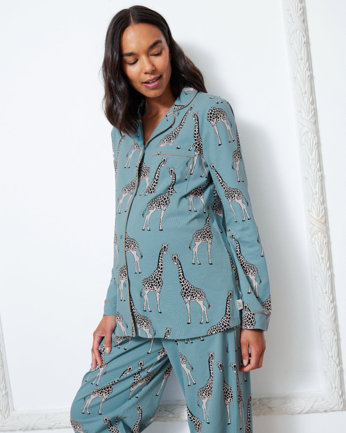 Maternity Organic Cotton Giraffe Print Long Pyjama Set - Blue