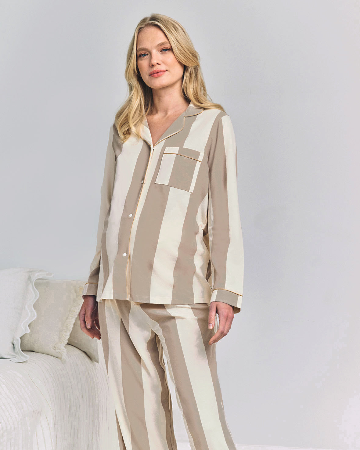 Maternity Organic Cotton Stripe Long Pyjama Set - Taupe