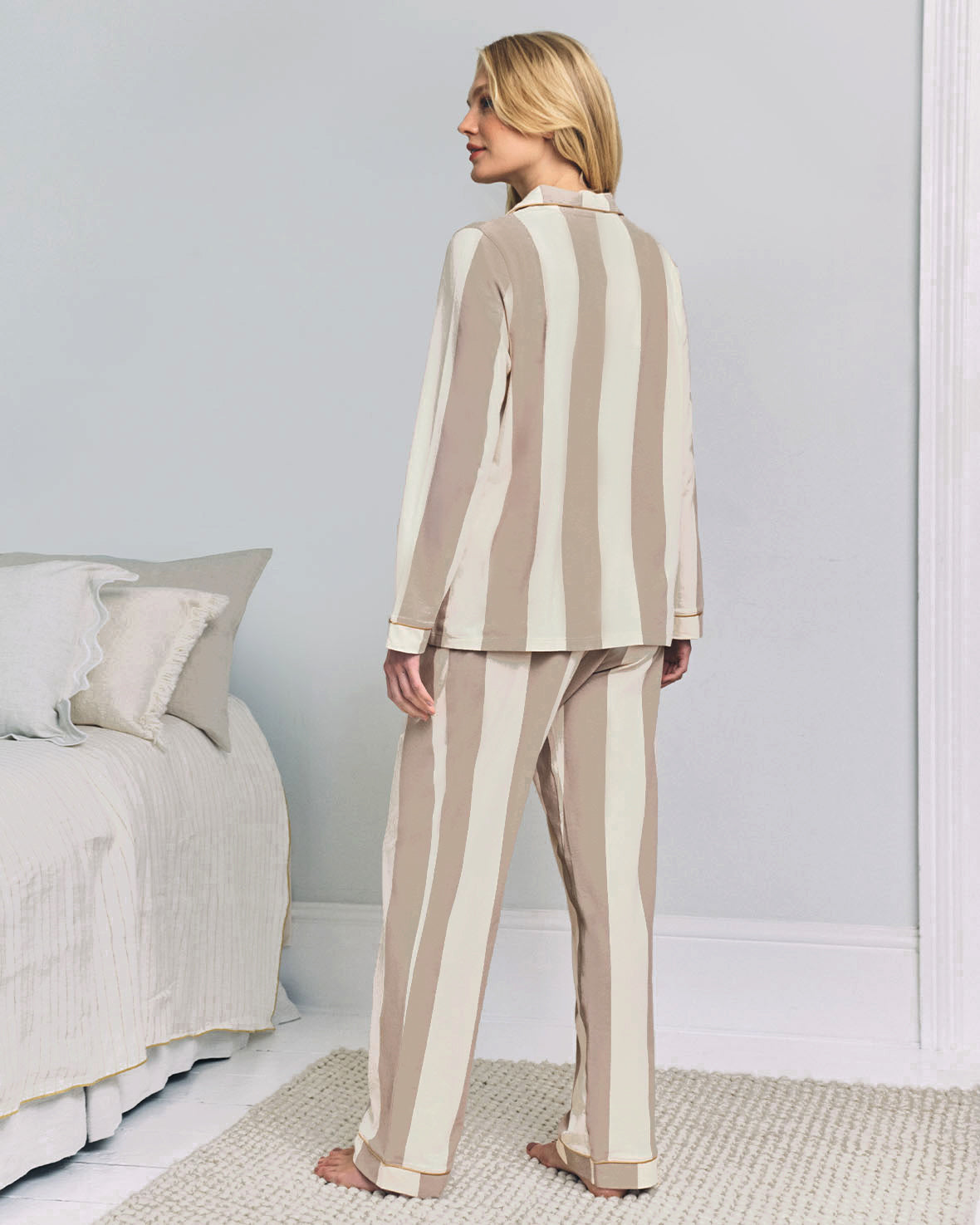 Maternity Organic Cotton Stripe Long Pyjama Set - Taupe