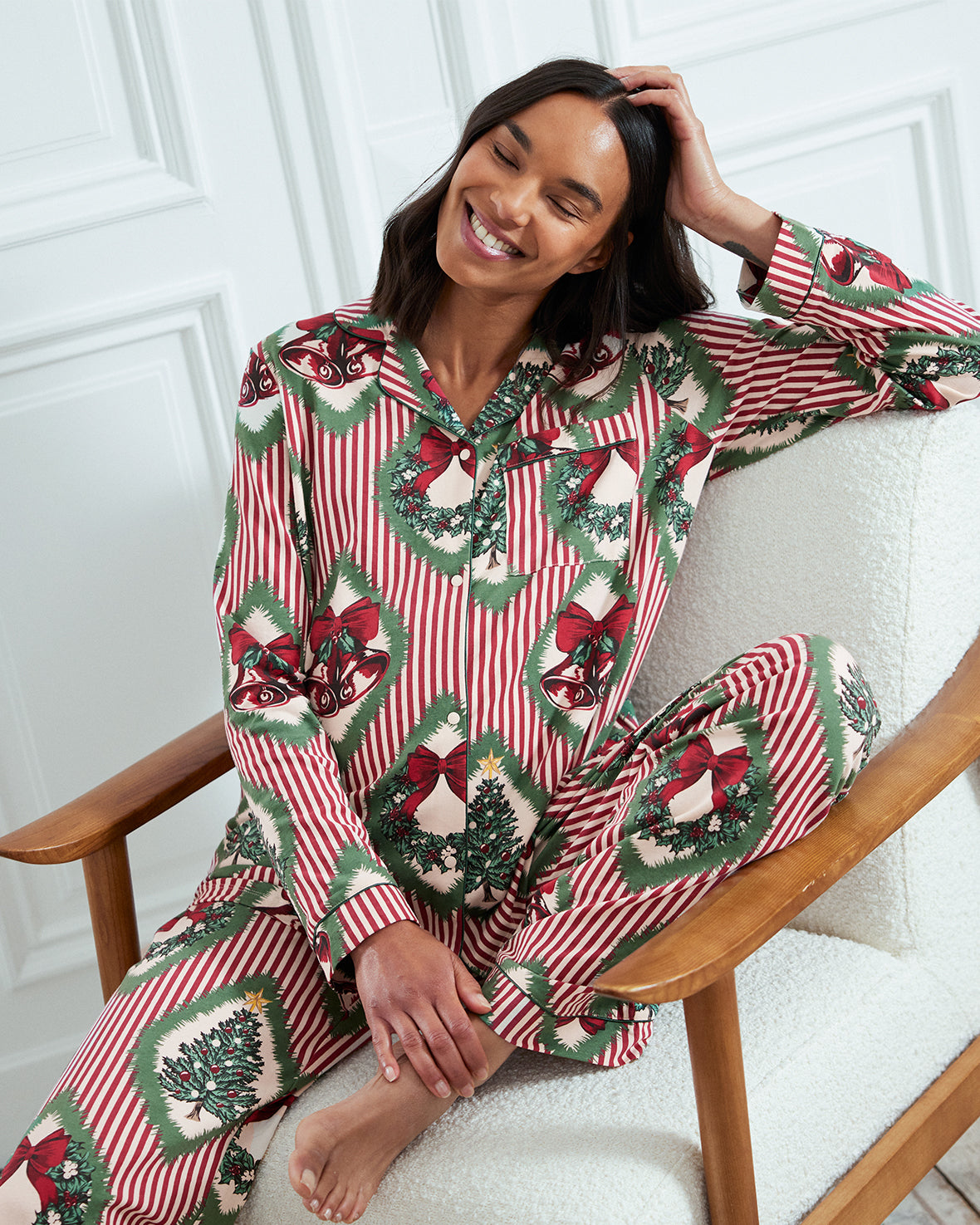 Maternity Organic Cotton Christmas Vintage Tree & Wreath Print Long Pyjama Set