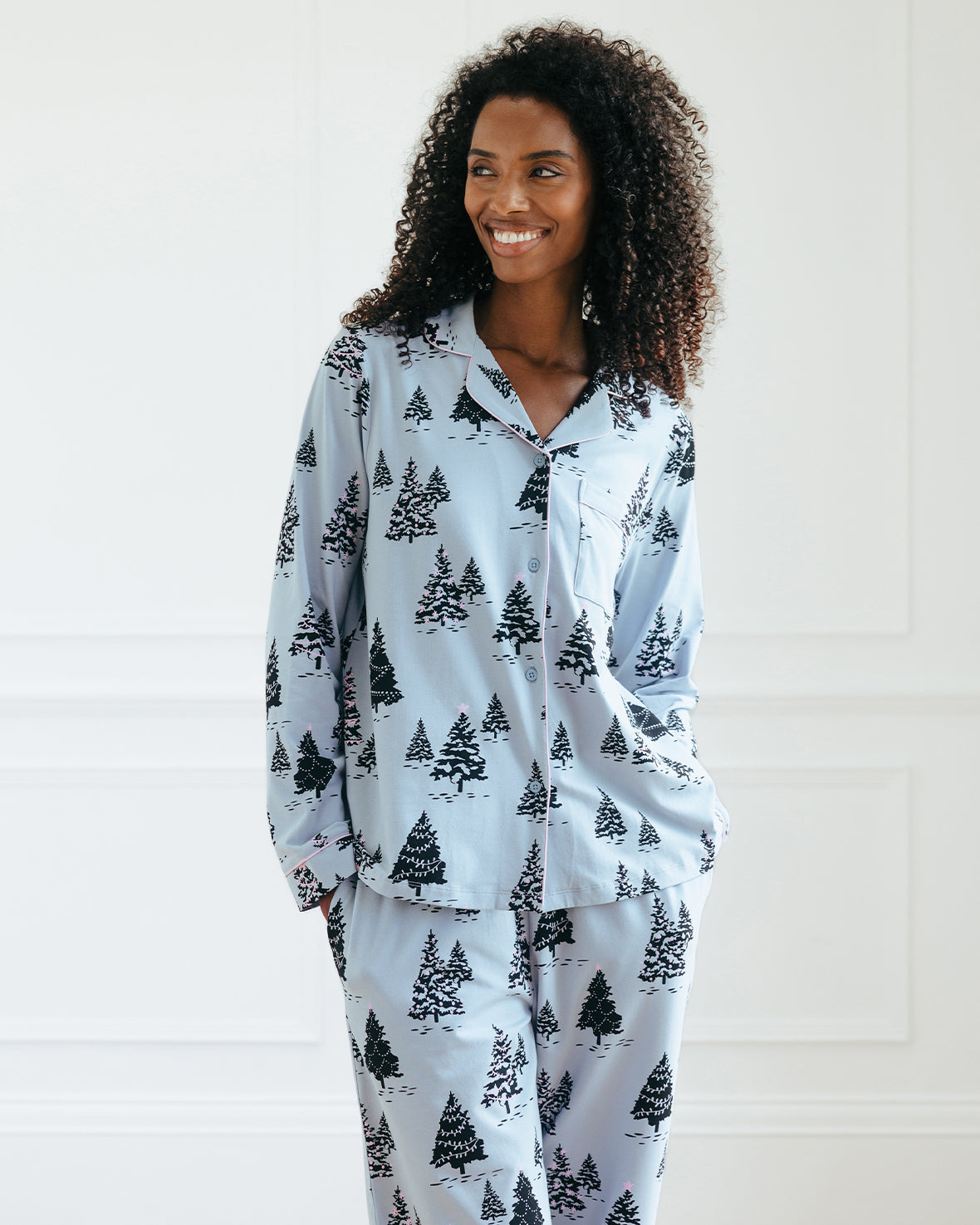 Christmas Tree Print Long Pyjama Set - Blue