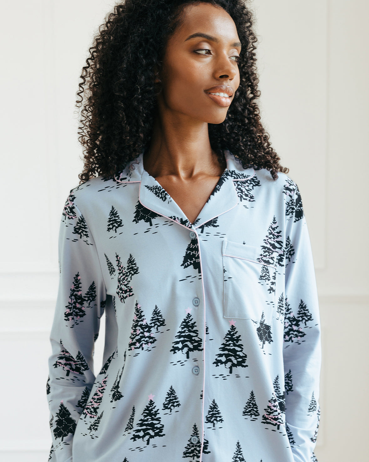 Christmas Tree Print Long Pyjama Set - Blue