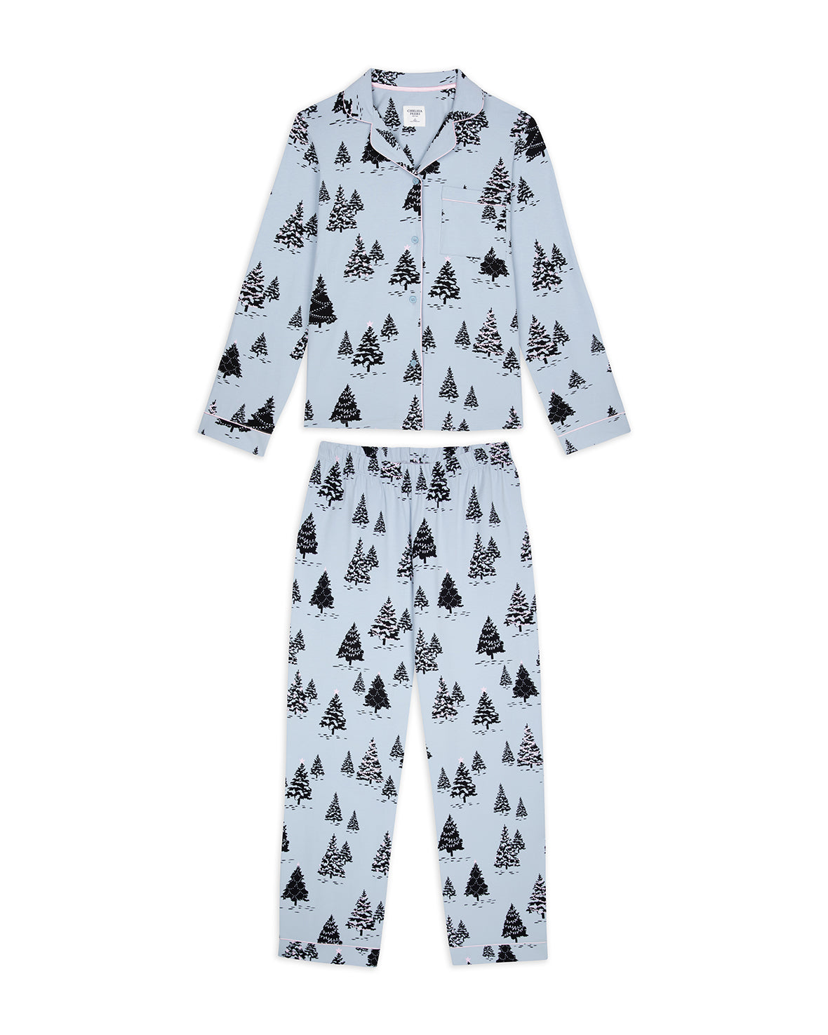 Christmas Tree Print Long Pyjama Set - Blue