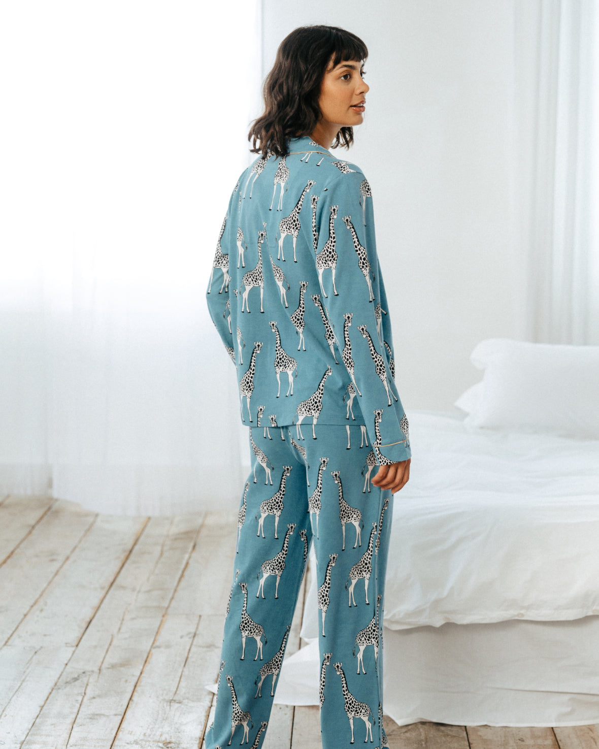 Organic Cotton Giraffe Print Long Pyjama Set - Blue