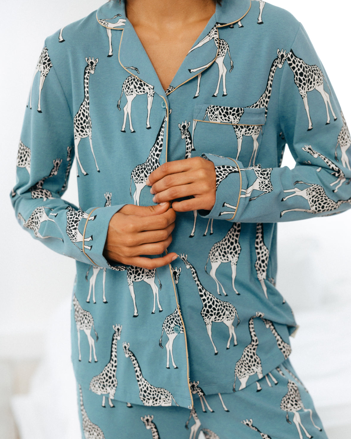 Organic Cotton Giraffe Print Long Pyjama Set - Blue