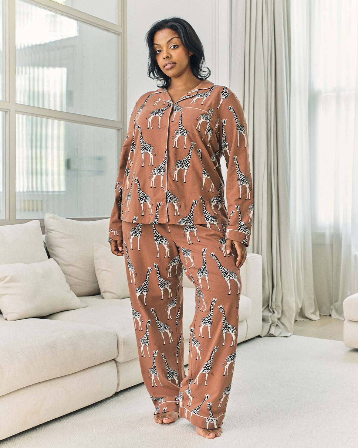Organic Cotton Giraffe Print Long Pyjama Set - Brown