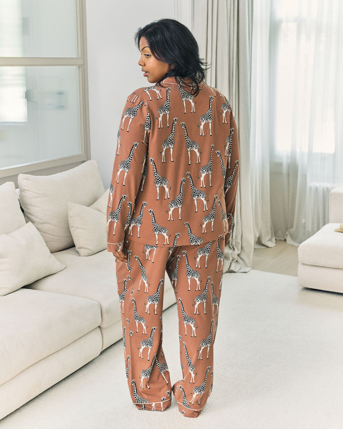 Organic Cotton Giraffe Print Long Pyjama Set - Brown