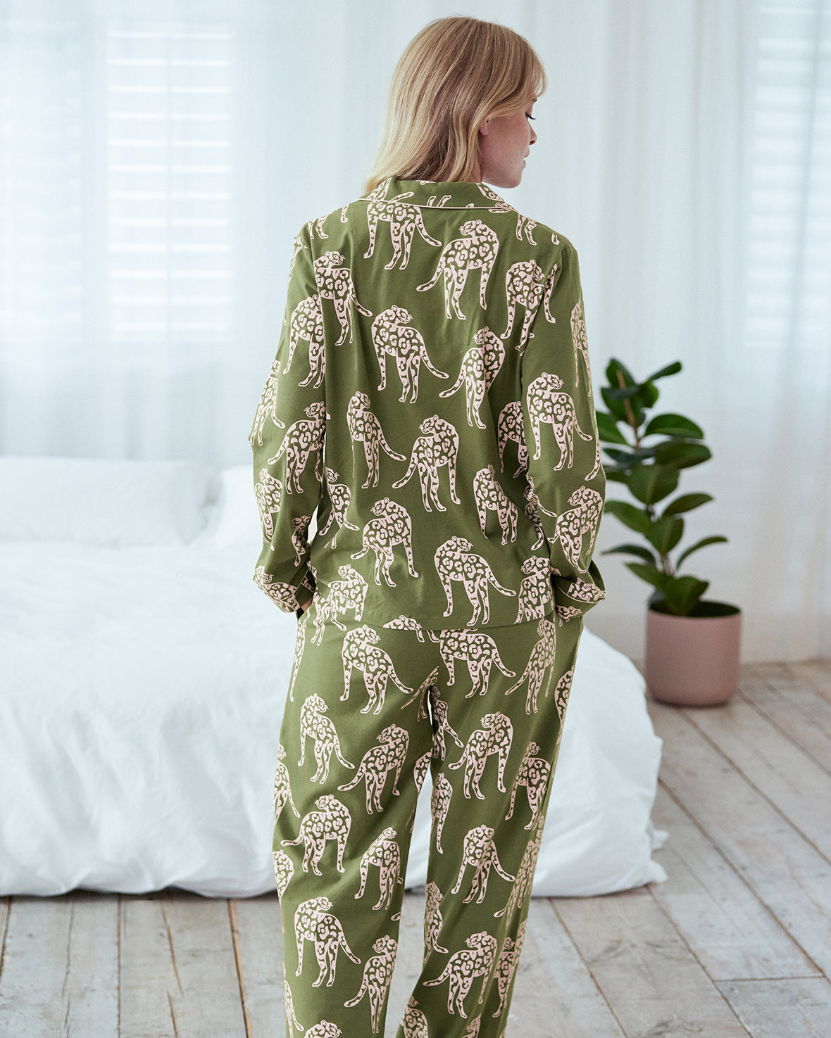 Organic Cotton Leopard Print Long Pyjama Set - Sage