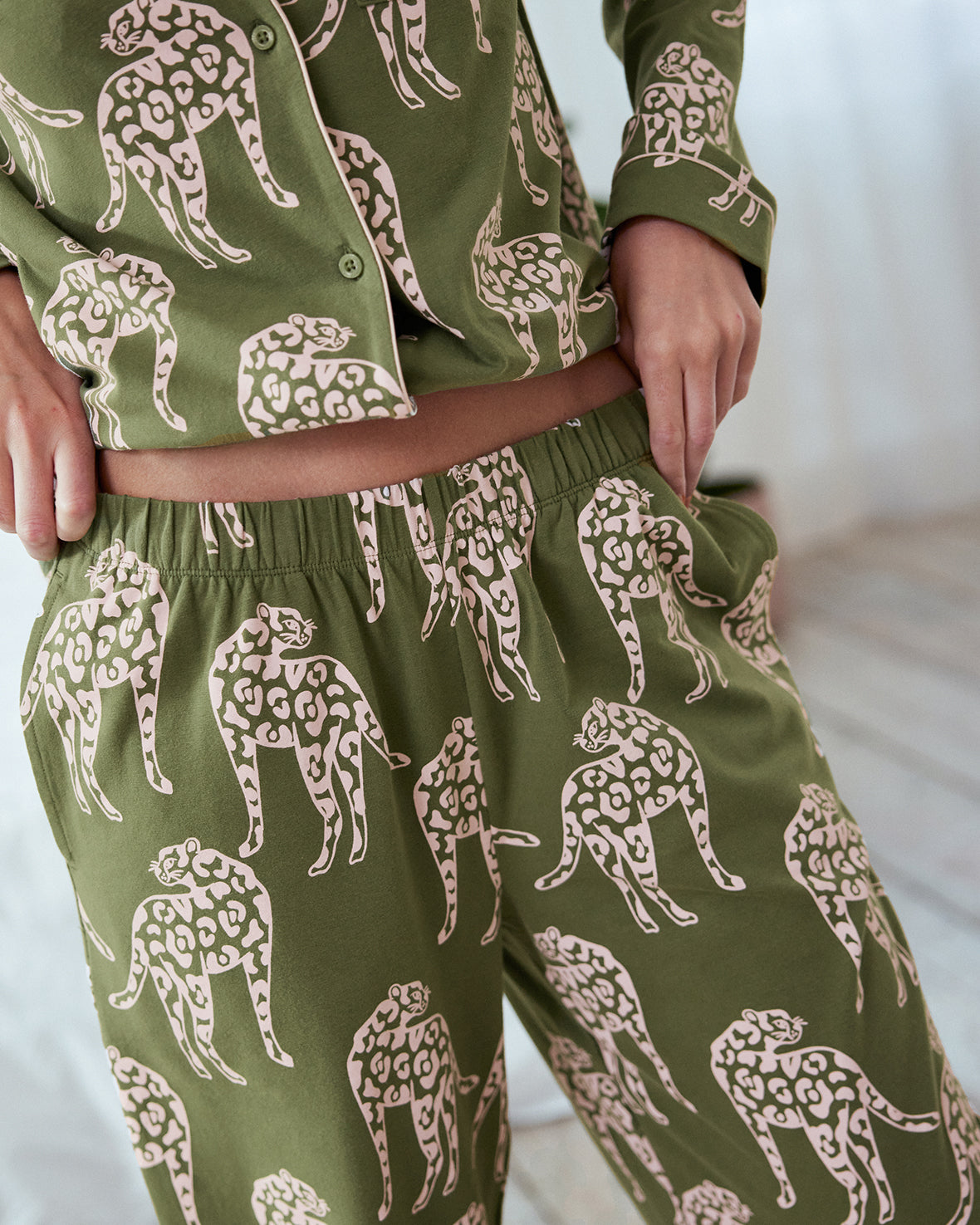 Organic Cotton Leopard Print Long Pyjama Set - Sage