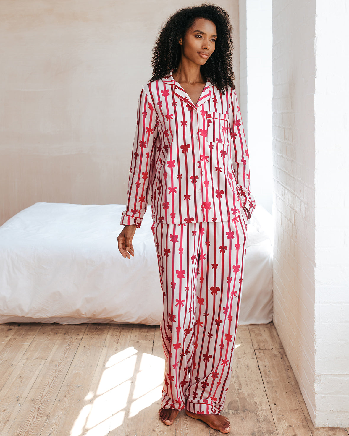 Organic Cotton Christmas Ribbon Bow Print Long Pyjama Set