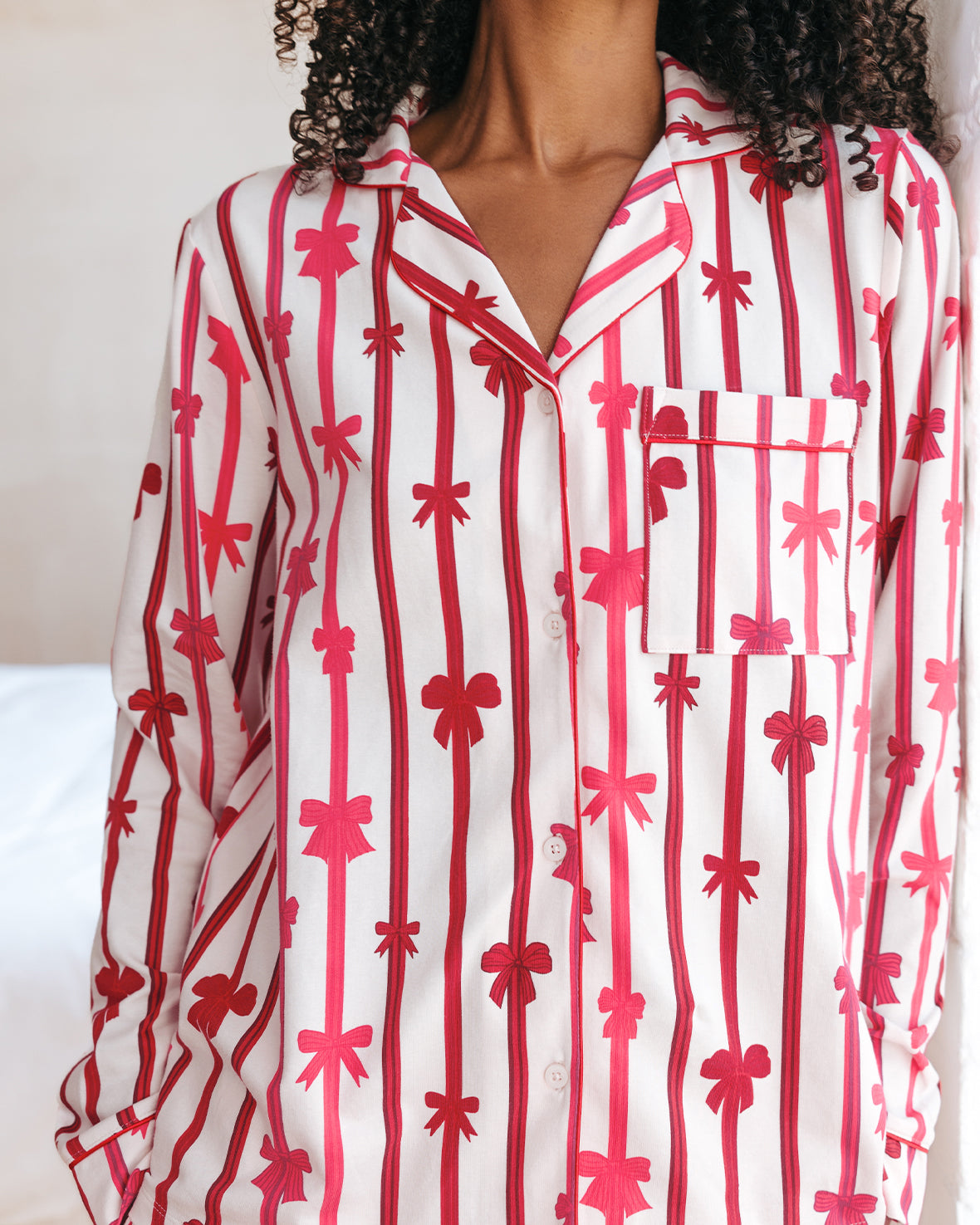 Organic Cotton Christmas Ribbon Bow Print Long Pyjama Set