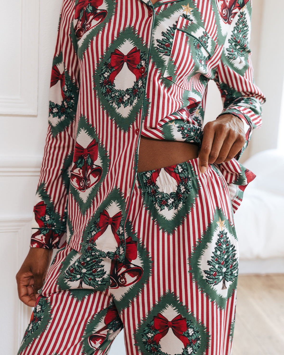 Organic Cotton Christmas Vintage Tree & Wreath Print Long Pyjama Set