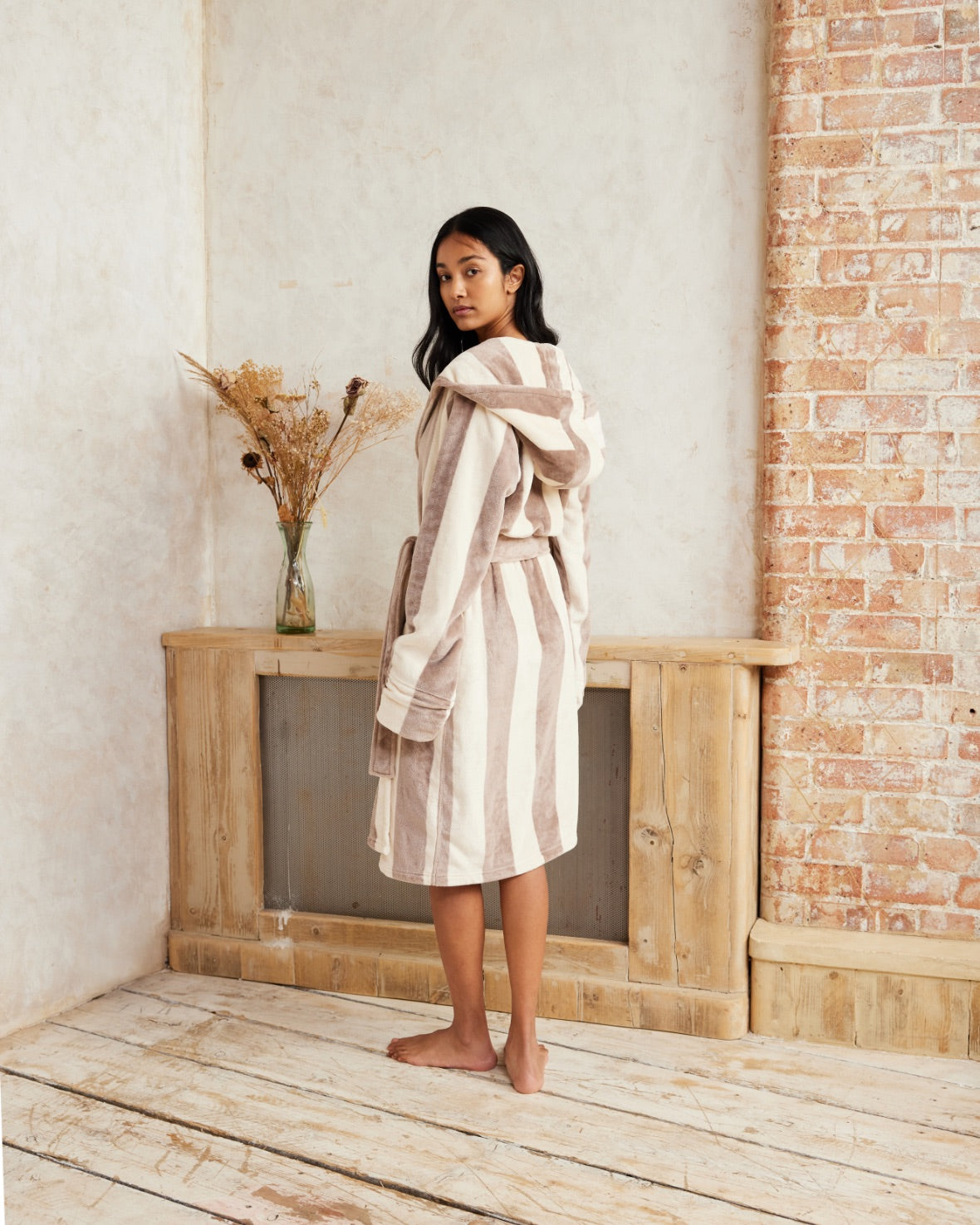 Fleece Stripe Dressing Gown - Taupe