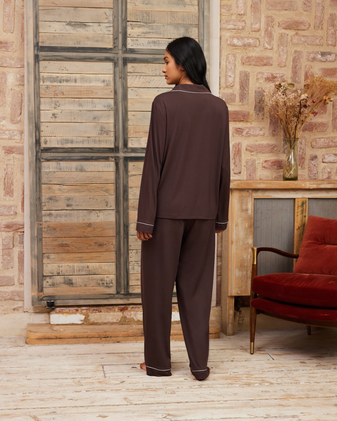 TENCEL™ Modal Long Button Up Pyjama Set - Brown