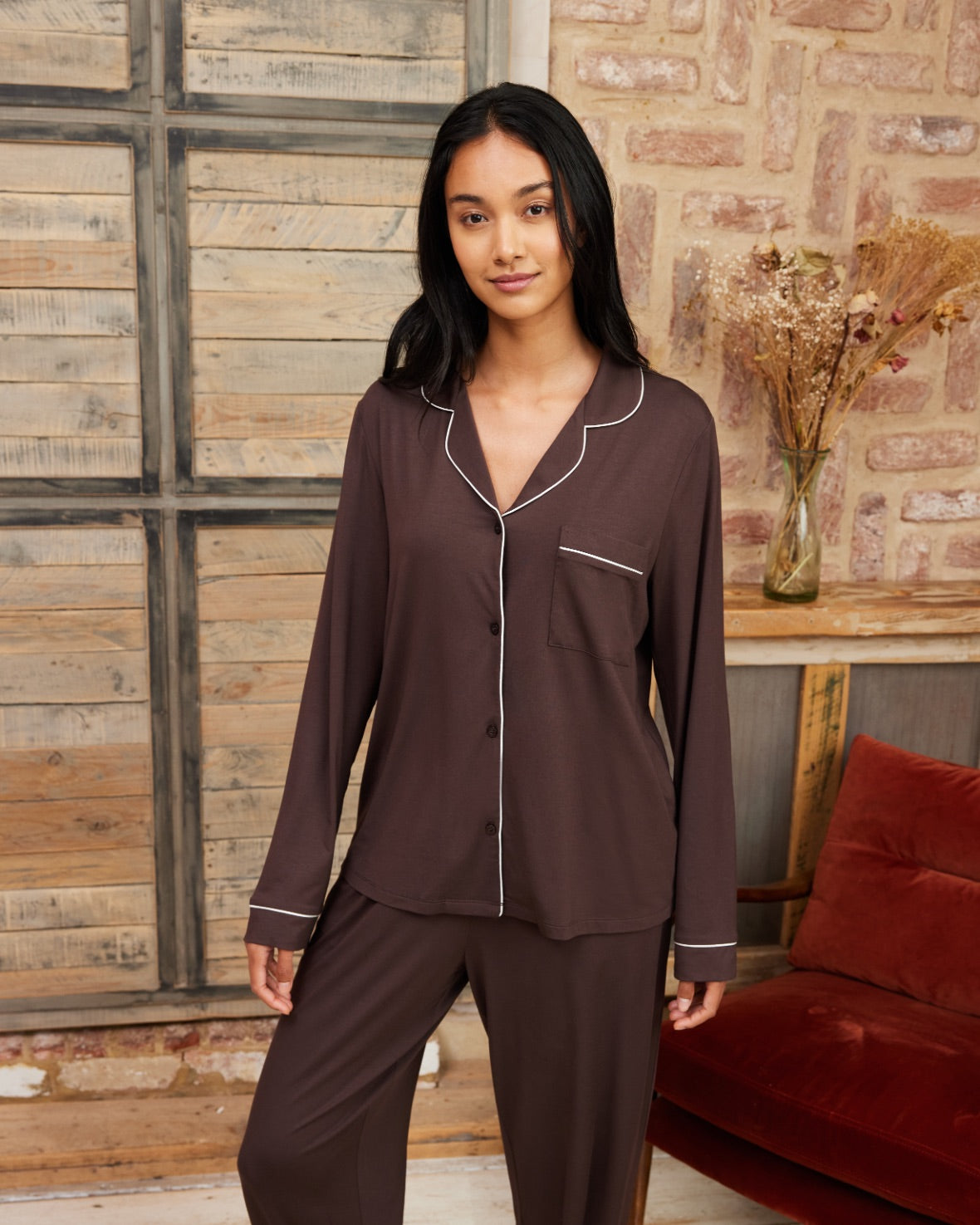 TENCEL™ Modal Long Button Up Pyjama Set - Brown