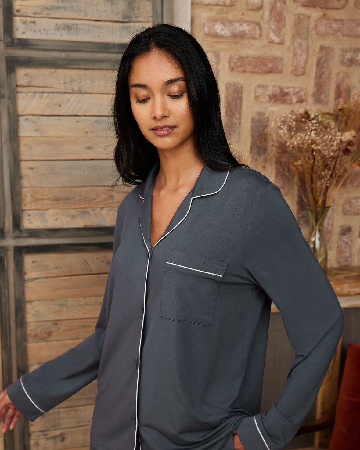 TENCEL™ Modal Long Button Up Pyjama Set - Blue Grey