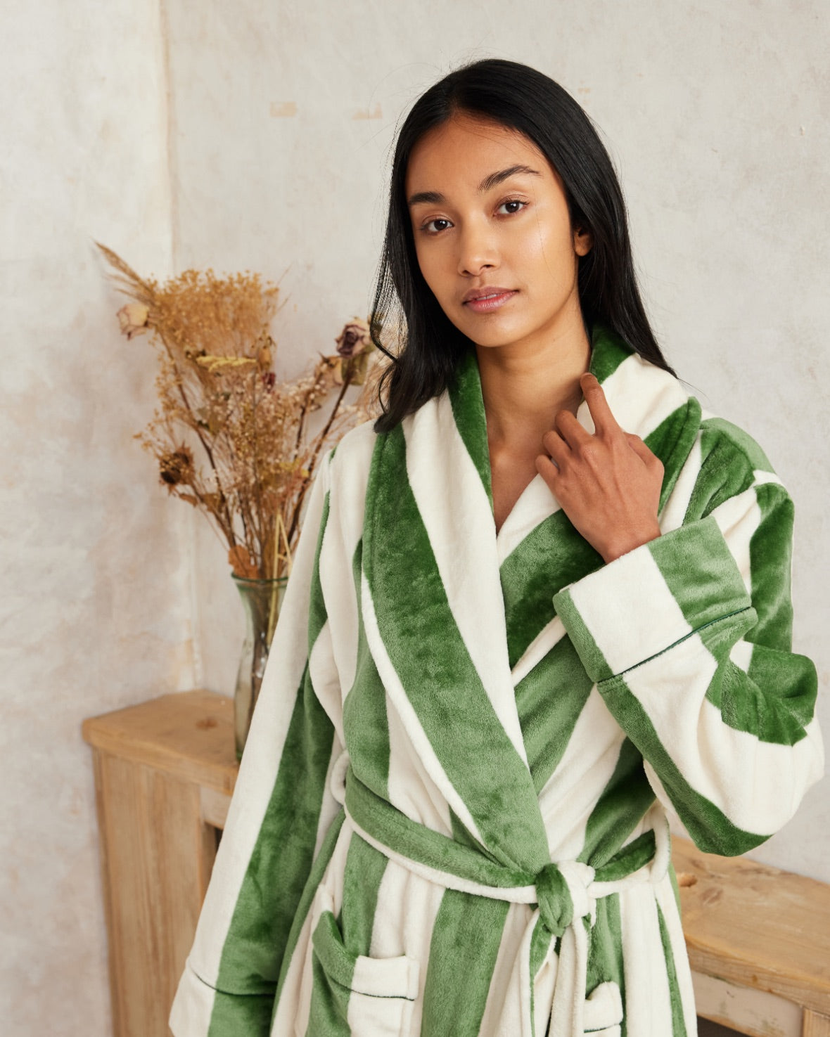 Fleece Stripe Dressing Gown - Green