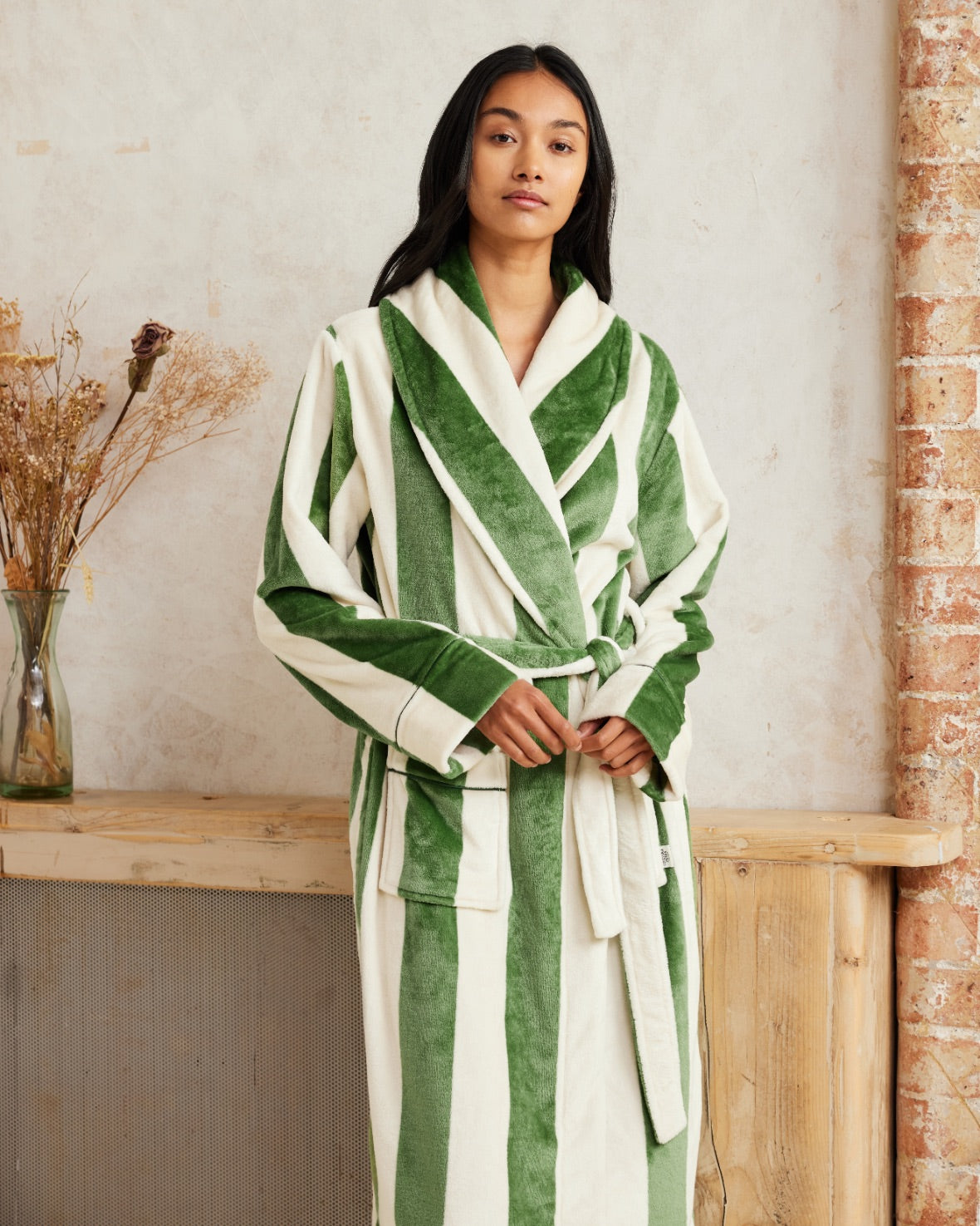 Fleece Stripe Dressing Gown - Green