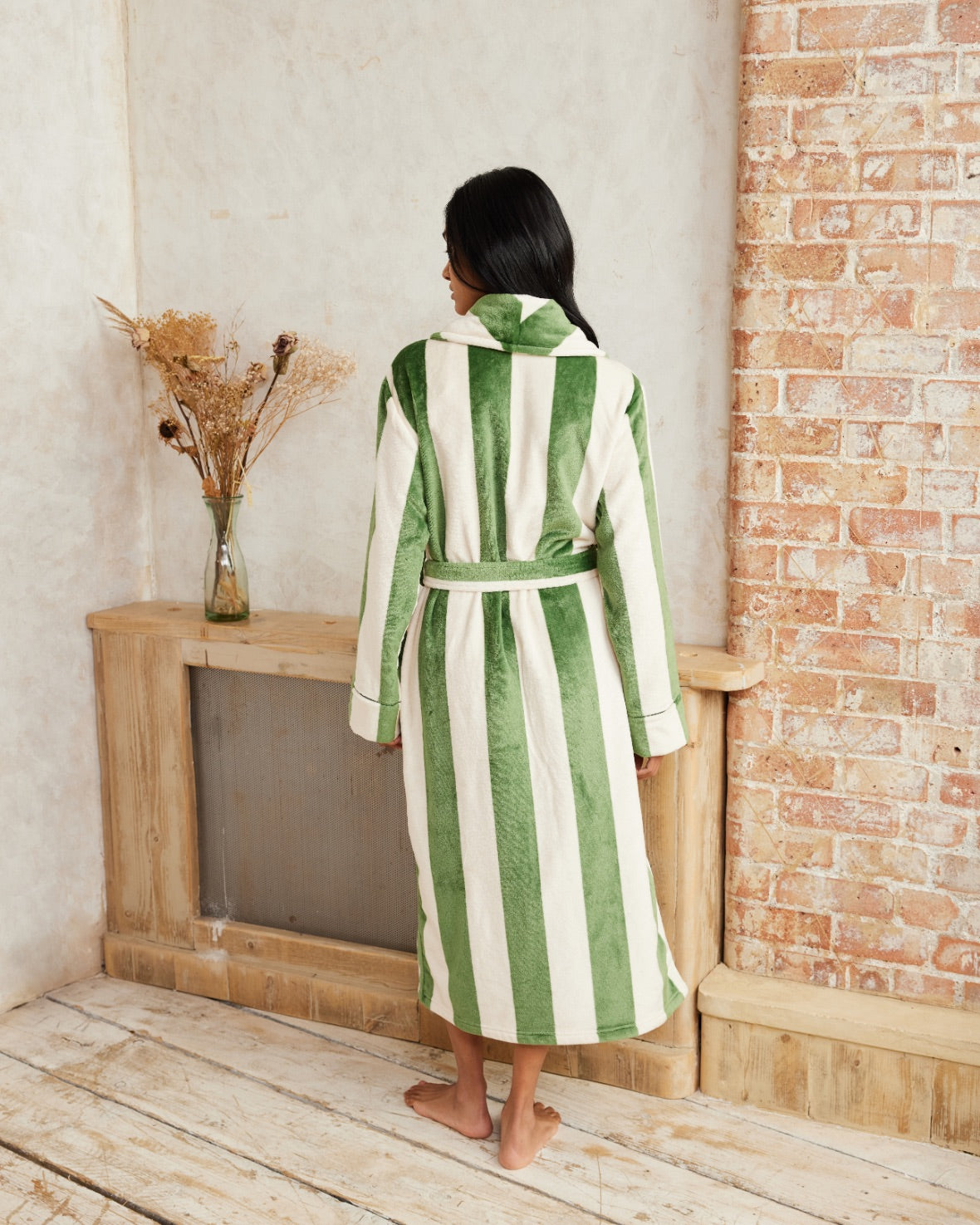 Fleece Stripe Dressing Gown - Green