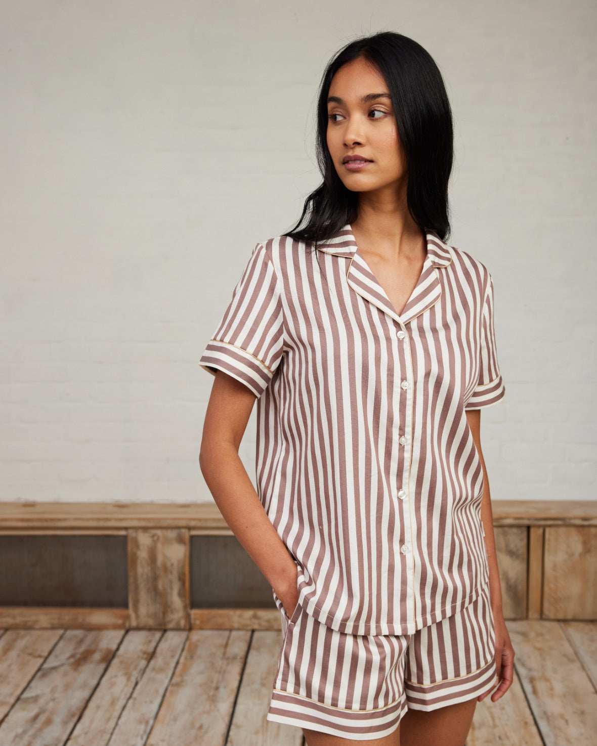 Organic Cotton Sateen Stripe Short Pyjama Set - Brown