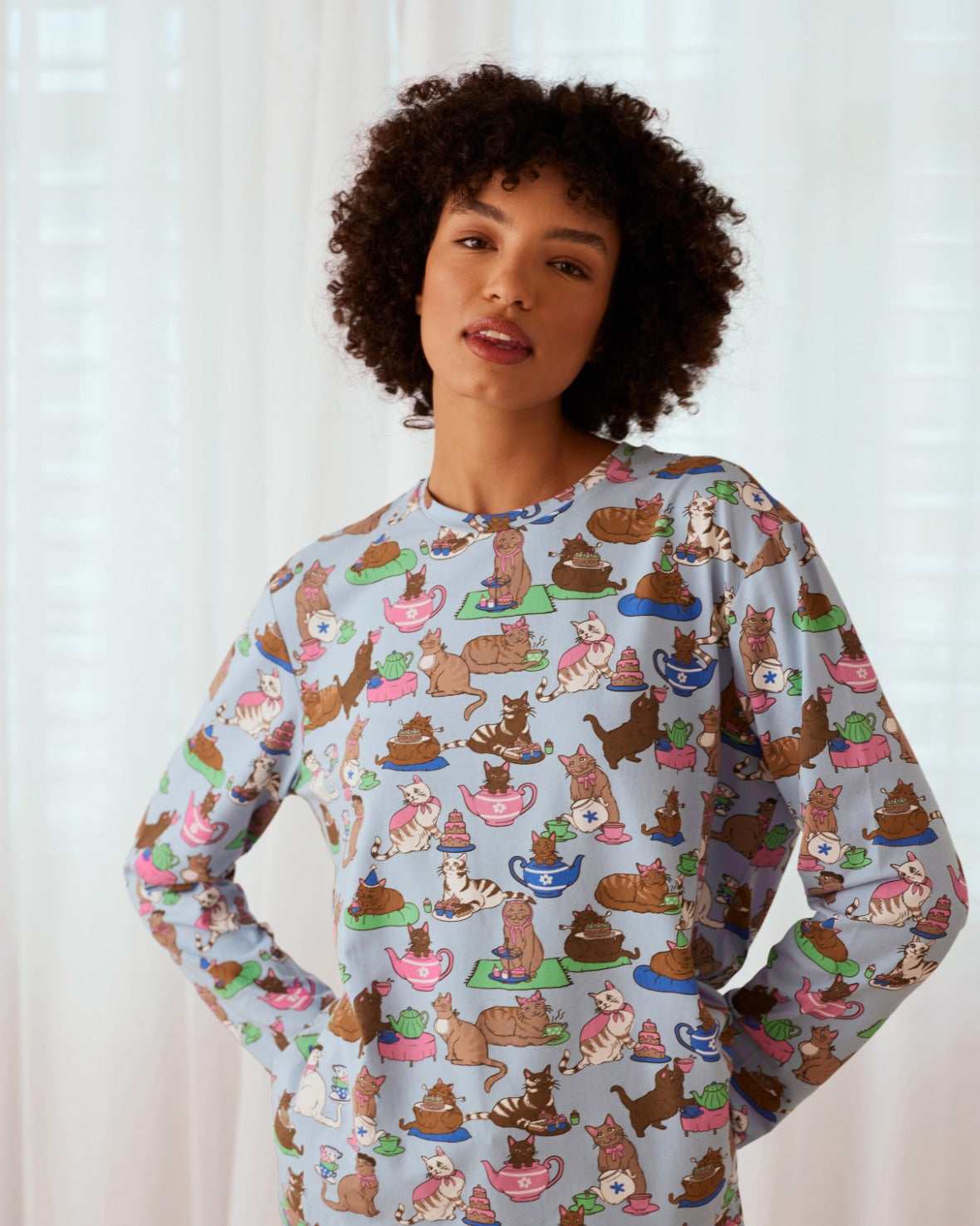 Organic Cotton Cats Tea Party Print Long Pyjama Set