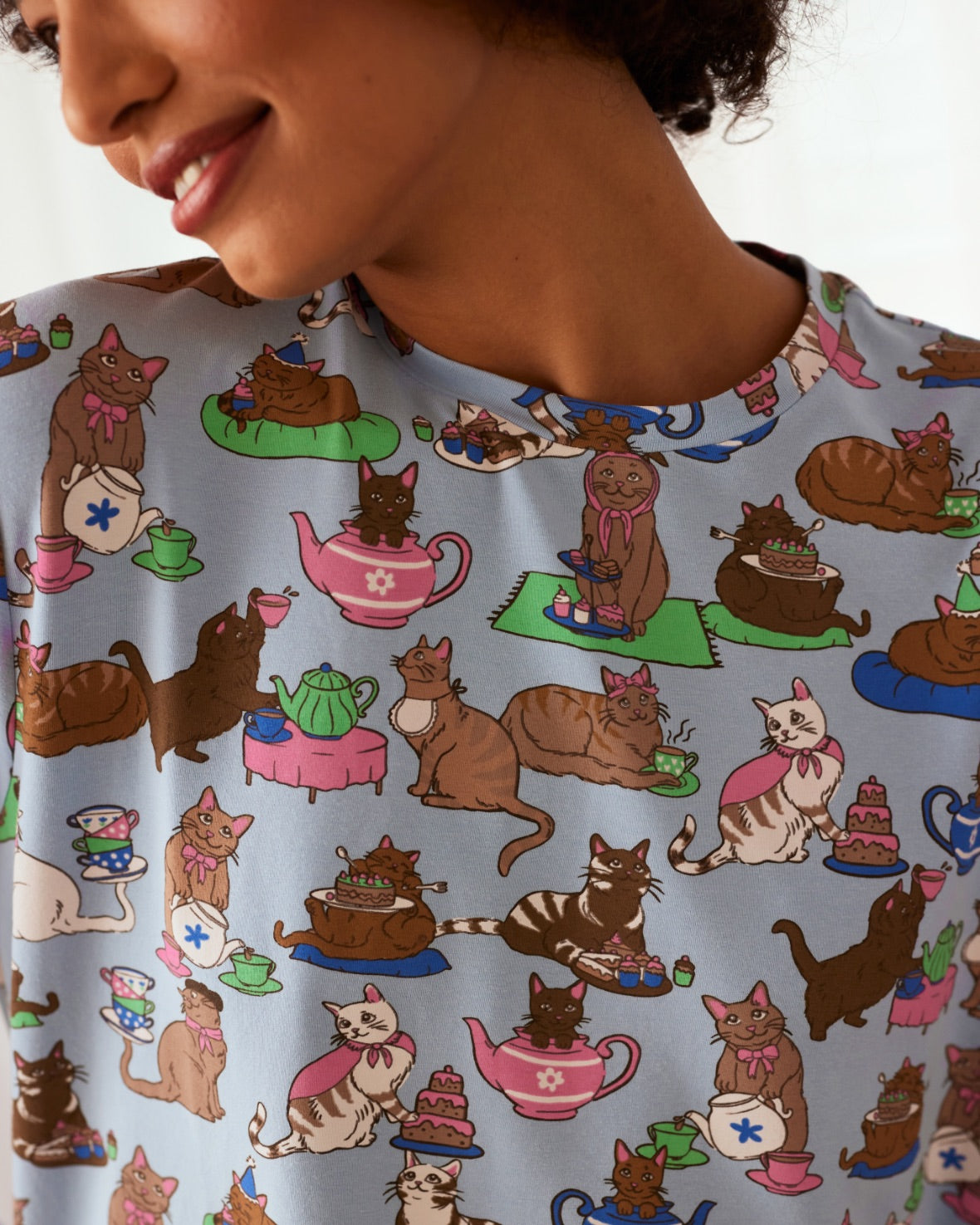 Organic Cotton Cats Tea Party Print Long Pyjama Set