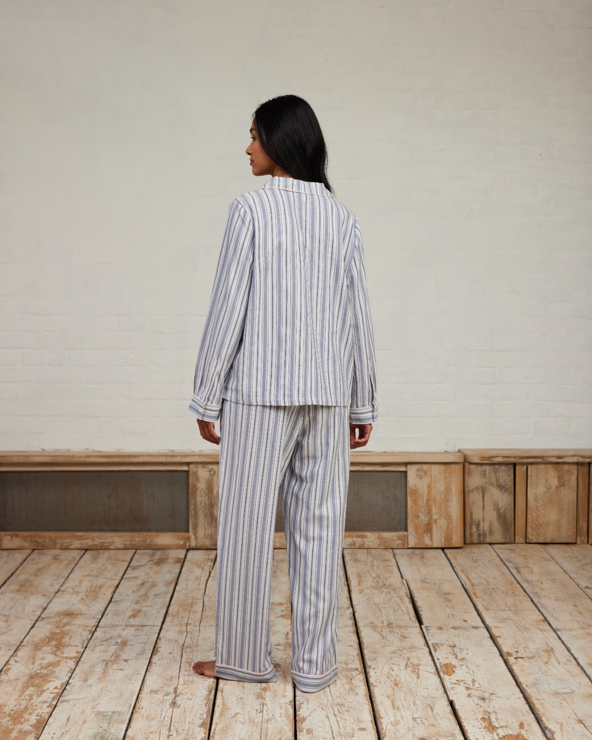 Organic Cotton Brushed Stripe Long Pyjama Set - Blue & White