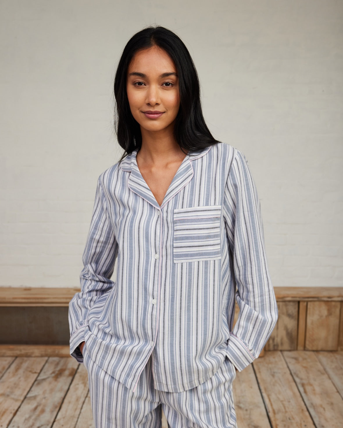 Organic Cotton Brushed Stripe Long Pyjama Set - Blue & White