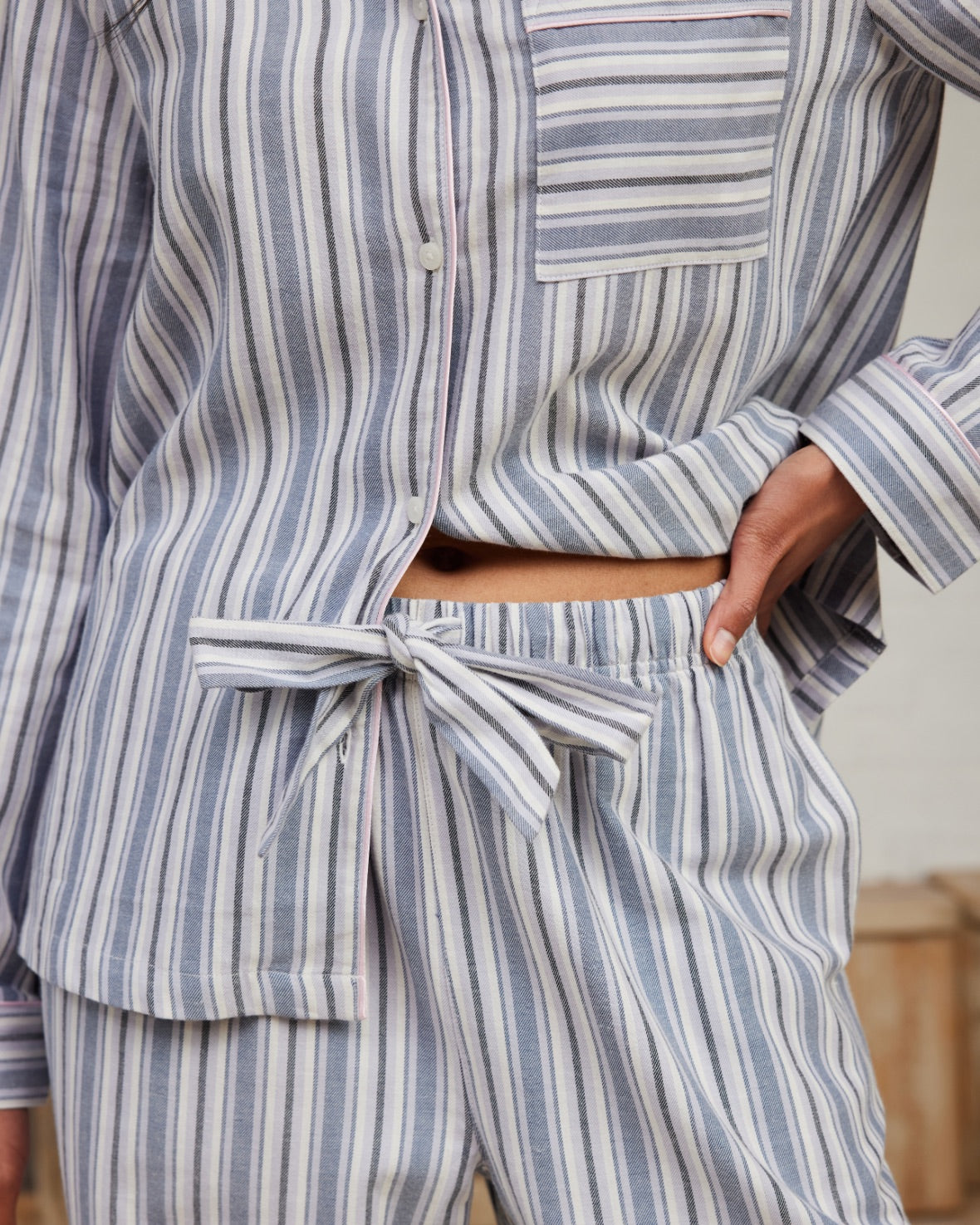 Organic Cotton Brushed Stripe Long Pyjama Set - Blue & White