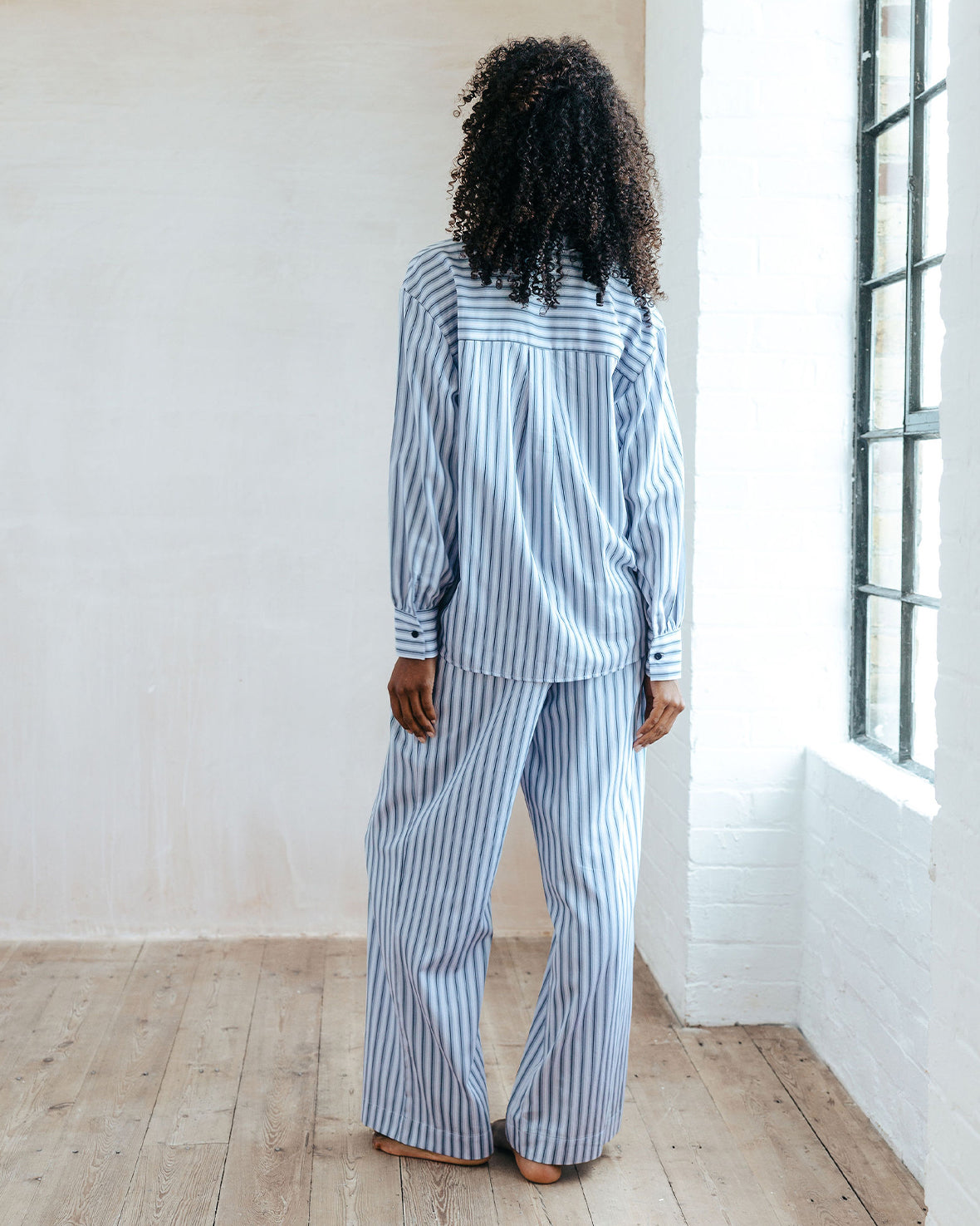 Organic Cotton Sateen Stripe Long Pyjama Set - Blue