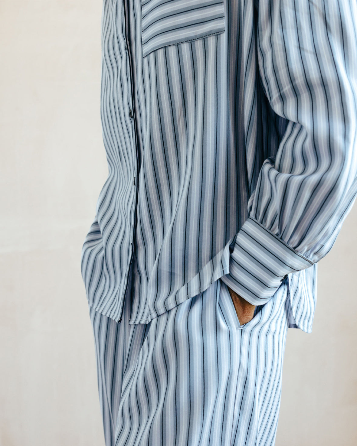 Organic Cotton Sateen Stripe Long Pyjama Set - Blue