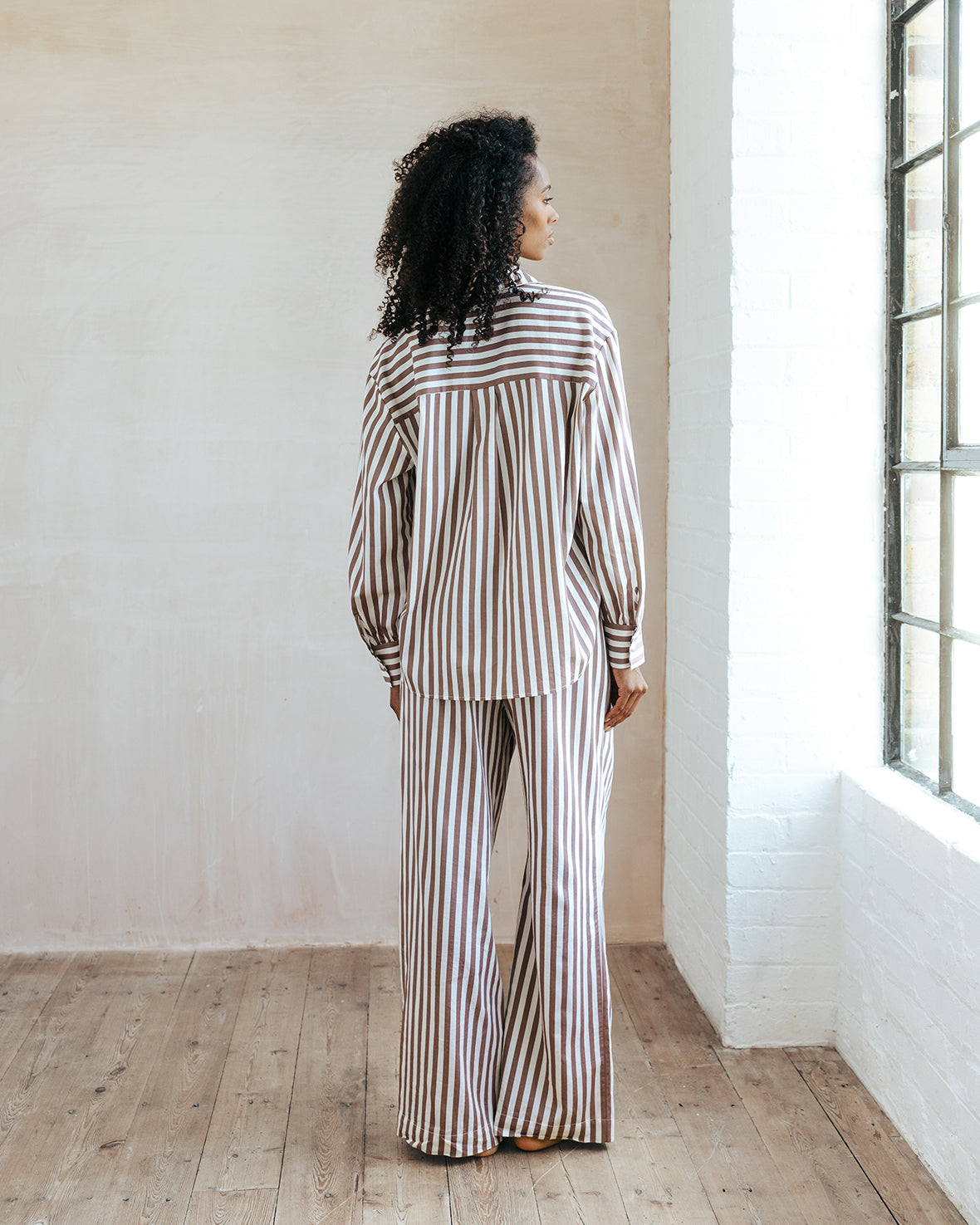 Organic Cotton Sateen Stripe Long Pyjama Set - Brown